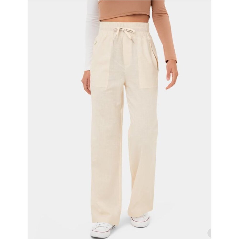 New Halara High Waisted Drawstring Casual Cotton Pants Sz M Womens Cream Side Zi